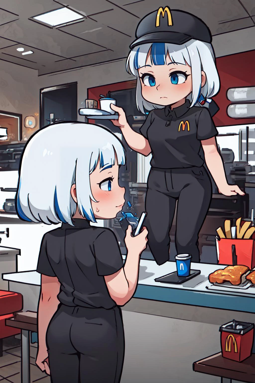 (masterpiece, best quality), intricate details,
1girl, <lora:Gawr Gura:0.8> gawr gura, white hair, blue streaked hair, blue eyes,
<lora:McDonaldsUniform:1> McDonaldsUniform, shirt, black shirt, uniform, black pants, pants, cap, mcdonalds,