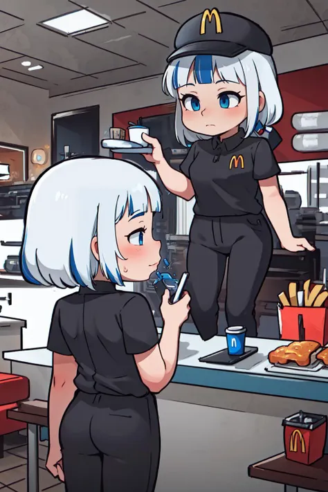 (masterpiece, best quality),  intricate details,
1girl, <lora:Gawr Gura:0.8> gawr gura,   white hair, blue streaked hair,  blue eyes, 
 <lora:McDonaldsUniform:1> McDonaldsUniform, shirt, black shirt, uniform, black pants, pants, cap,  mcdonalds,