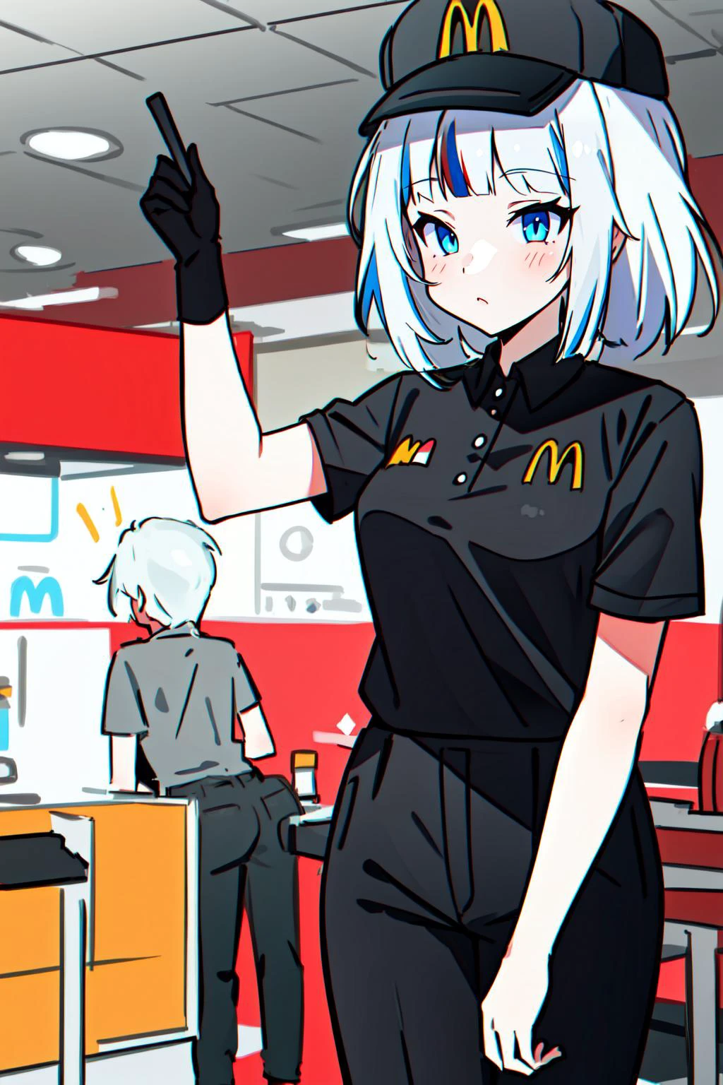 (masterpiece, best quality), intricate details,
1girl, <lora:Gawr Gura:0.8> gawr gura, white hair, blue streaked hair, blue eyes,
<lora:McDonaldsUniform:1> McDonaldsUniform, shirt, black shirt, uniform, black pants, pants, cap, mcdonalds,