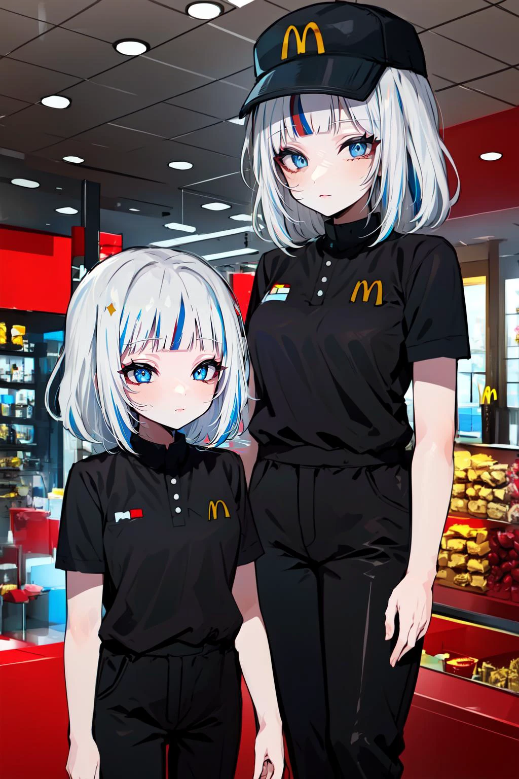 (masterpiece, best quality), intricate details,
1girl, <lora:Gawr Gura:0.8> gawr gura, white hair, blue streaked hair, blue eyes,
<lora:McDonaldsUniform:1> McDonaldsUniform, shirt, black shirt, uniform, black pants, pants, cap, mcdonalds,