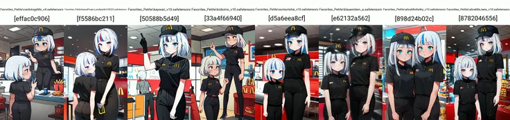 (masterpiece, best quality), intricate details,
1girl, <lora:Gawr Gura:0.8> gawr gura, white hair, blue streaked hair, blue eyes,
<lora:McDonaldsUniform:1> McDonaldsUniform, shirt, black shirt, uniform, black pants, pants, cap, mcdonalds,