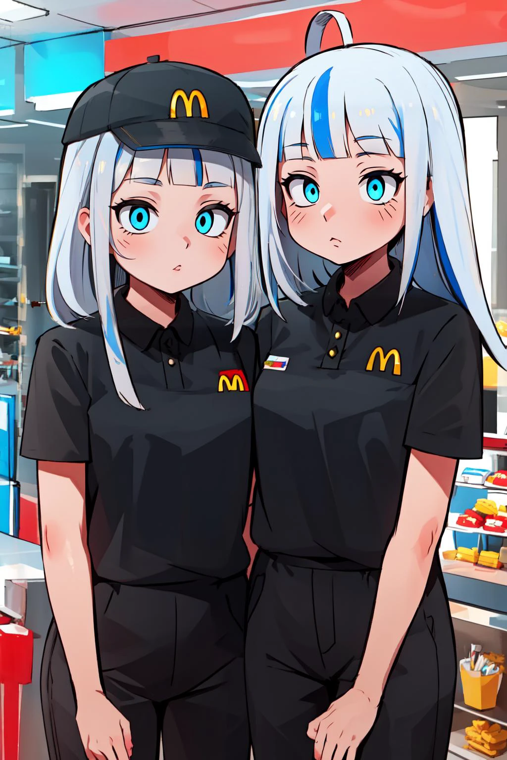 (masterpiece, best quality), intricate details,
1girl, <lora:Gawr Gura:0.8> gawr gura, white hair, blue streaked hair, blue eyes,
<lora:McDonaldsUniform:1> McDonaldsUniform, shirt, black shirt, uniform, black pants, pants, cap, mcdonalds,