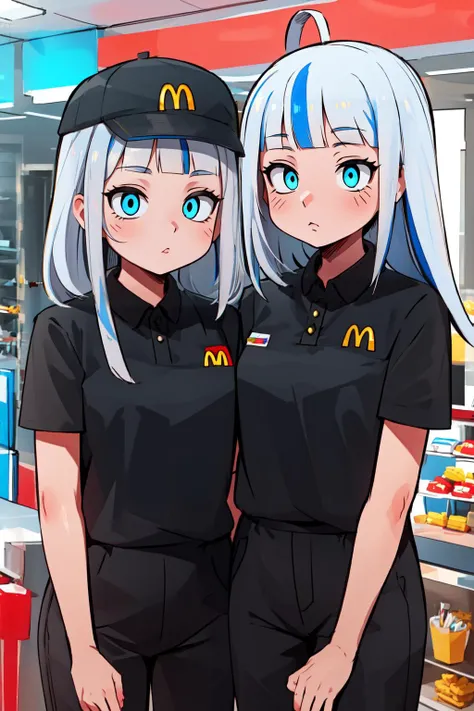 (masterpiece, best quality),  intricate details,
1girl, <lora:Gawr Gura:0.8> gawr gura,   white hair, blue streaked hair,  blue eyes, 
 <lora:McDonaldsUniform:1> McDonaldsUniform, shirt, black shirt, uniform, black pants, pants, cap,  mcdonalds,