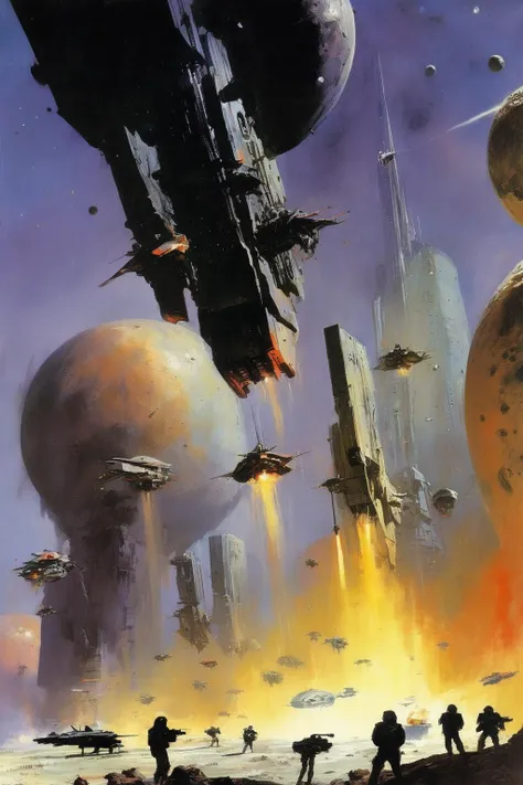 John Harris Style - Science fiction war. The planetary defenses are down. Monstrous beings bring weapons. Armies of soldiers. Epic. John Berkey