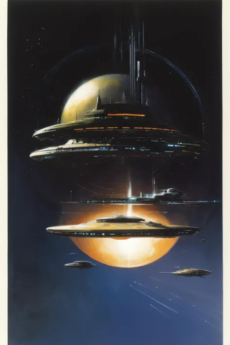John Harris Style - by John Harris. Sci-fi setting. A high-tech spaceship with a circular shape over the darkness of space.