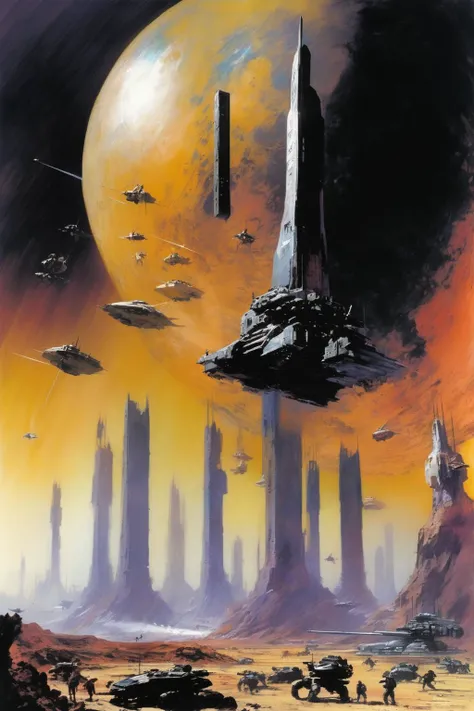 John Harris Style - cience fiction war. The planetary defenses are down. Monstrous beings bring weapons. Armies of soldiers. Epic. John Berkey