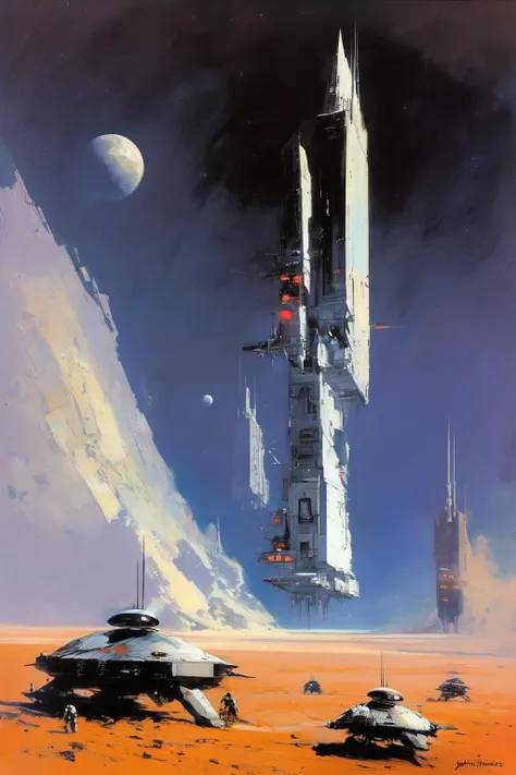 John Harris Style - Moon walk John Berkey huge space ships in the distance