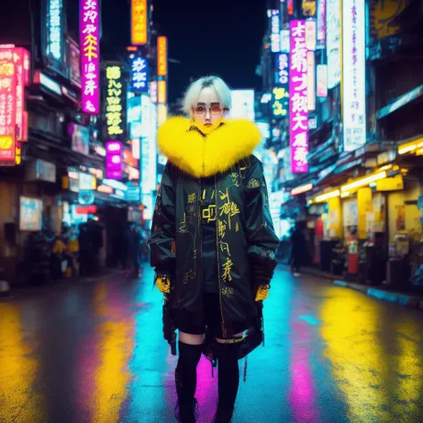 cyberpunk woman in a yellow coat in a japanese neon city