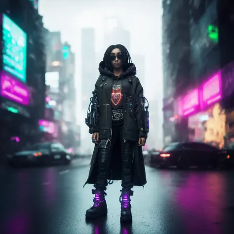 realistic black woman in a black coat cyberpunk  in a modern city, beaufiful face