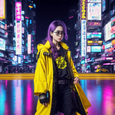 woman in a yellow coat cyberpunk in a japanese neon city, beaufiful face