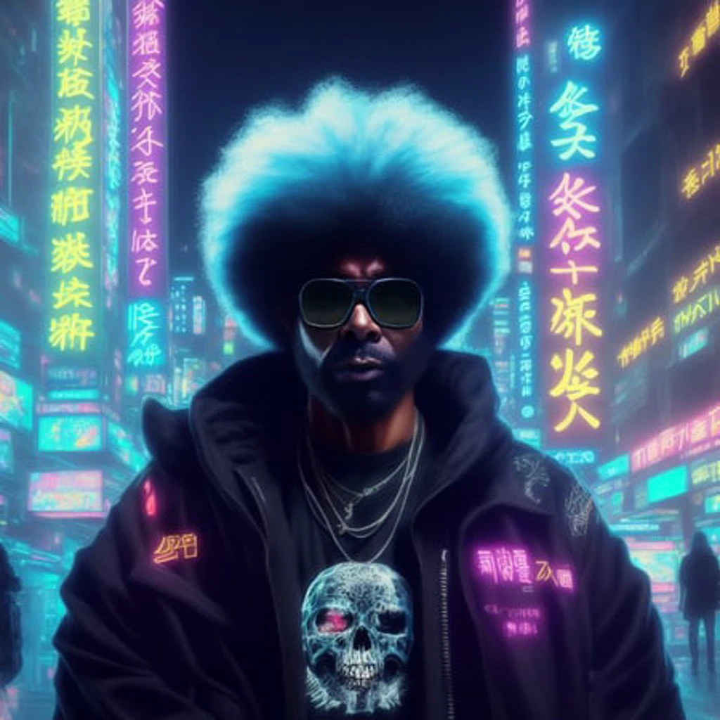realistic black afro man in a black coat cyberpunk in a japanese neon city, beaufiful face