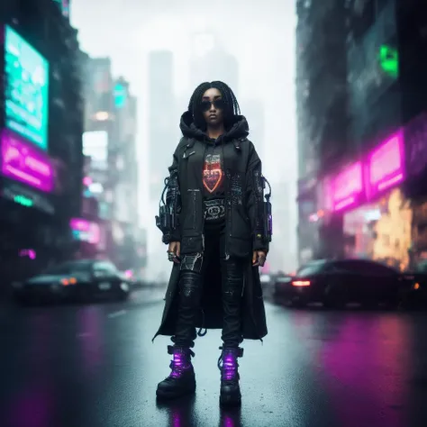 realistic black woman in a black coat cyberpunk in a modern city, beaufiful face