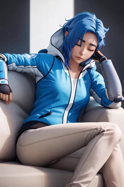 <lora:tari-nvwls-v1:1> tari, hair over one eye, blue hoodie, white pants, single mechanical arm, content face, slight smile, sleepy face, closed eyes, (half lying position:1.1), pillow, sitting
