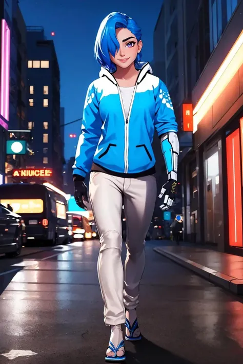 masterpiece, best quality, tari, blue hoodie, white pants, single mechanical arm, sandals, looking at viewer, hair over one eye, night, city street, neon signs, looking at viewer, smile, walking <lora:tari-nvwls-v1-000009:0.9>