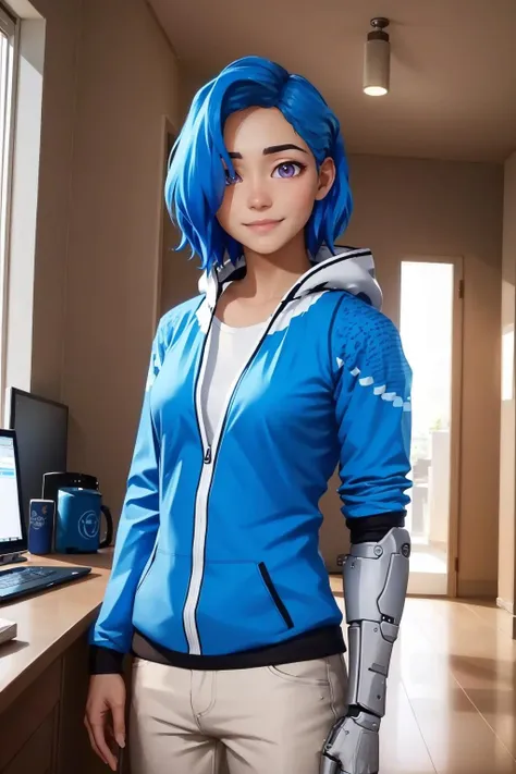 masterpiece, best quality, tari, blue hoodie, white pants, single mechanical arm, upper body, looking at viewer, hair over one eye, house, computer, indoors, smile, slight smile <lora:tari-nvwls-v1-000009:0.9>