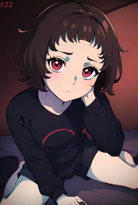<lora:Milk-chan:0.7>, masterpiece, best quality, extreme detailed, beautiful detailed face, delicate best hands , (1girl, solo):1.2, black sweatshirt, black shorts, beautiful red eyes, cute, brown hair, short hair , black bedroom background, fullbody, pale skin, expressionless <lora:more_details:0.3>, <lora:saturation:0.3>, <lora:flat2:0.2>