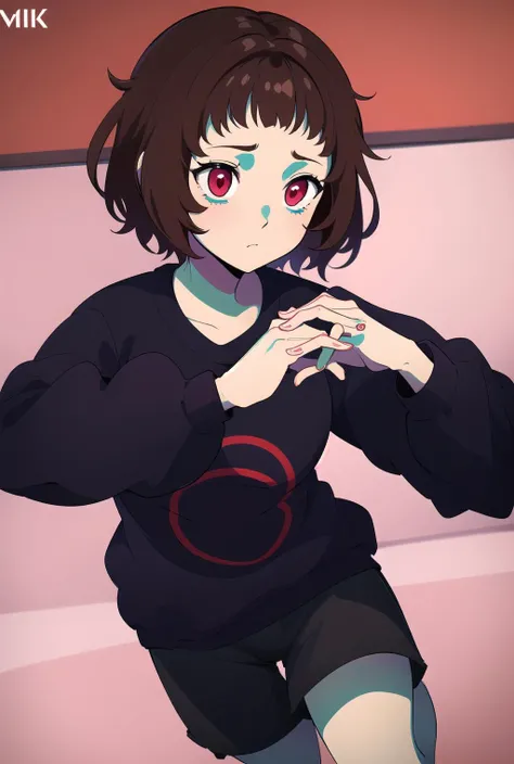 <lora:Milk-chan:0.7>, masterpiece, best quality, extreme detailed, beautiful detailed face, delicate best hands , (1girl, solo):1.2, black sweatshirt, black shorts, beautiful red eyes, cute, brown hair, short hair , black room background, fullbody, expressionless <lora:more_details:0.3>, <lora:saturation:0.3>, <lora:flat2:0.2>