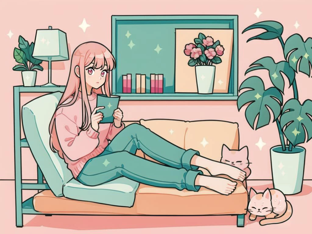 (Best quality,masterpiece:1.2), <lora:flat-000016:0.6>
illustration\(outline\), 1girl, solo,looking at viewer, full body,
holding, pink theme, dog, cat, sparkle, pink eyes,
long sleeves,sweater,barefoot,sitting, crossed legs, pillow,
long hair, pink hair, pink flower, pants, bangs, bag, green pants,
bookshelf, shelf,chair,fruit,cup,leaf, plant, potted plant, book, flower,bubble tea, open book, reading,drinking straw,
pink background, lamp,