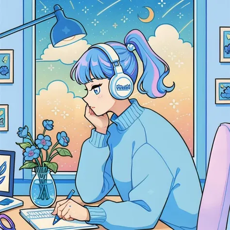 (Best quality,masterpiece:1.2), <lora:flat-000016:0.6>
illustration\(outline\), 1girl, solo, blue theme, upper body,indoors,  writing,sitting, 
liquid hair,multicolored hair,blue hair, bangs, profile, blue eyes, ponytail, sweater,white sweater, shirt, blunt bangs, 
lamp, flower, blue flower,headphones, fish, long sleeves, holding, cloud, waves, holding pencil pencil, 
window,vase, crescent moon, moon, limited palette, desk lamp,desk, crescent, plant, chair,  head rest, star \(symbol\),