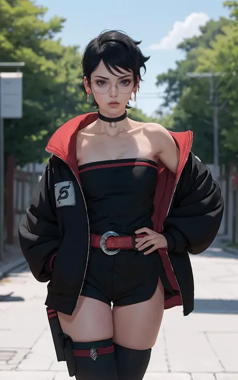 solo, cowboy shot, village,
BARUTO_Timeskip_Uchiha_Sarada_ownwaifu,
1girl, glasses, round eyewear, black hair, black eyes, bangs, swept bangs, short hair, lips, medium breasts, thighs,
black choker, earrings, jewelry, strapless, off shoulder, collarbone, red belt, open jacket, black jacket, black shorts, black dress, black footwear, long sleeves, leg warmers, socks, konohagakure symbol, thigh strap, thigh pouch,
<lora:BARUTO_Timeskip_Uchiha_Sarada_ownwaifu:1> ,
((masterpiece)),((best quality)),(highres), bokeh, depth_of_field, scenery, spotlight, focused, looking at viewer,