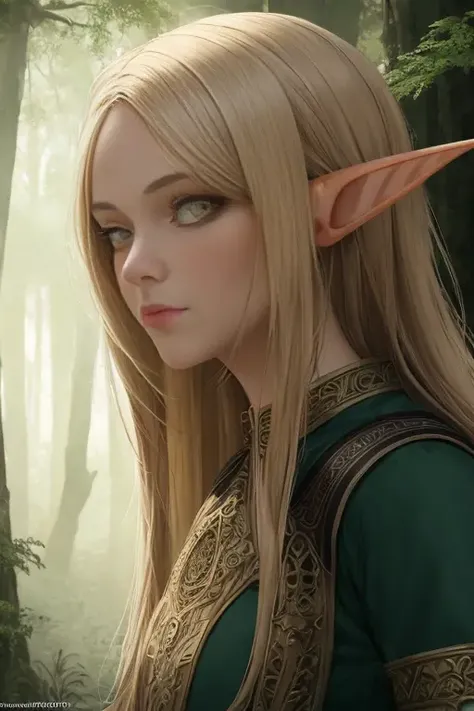 (masterpiece portrait of an elf: 1.2), faint glowing eyes, in forest, mist, tunic, tall, ultra-detailed, long hair, nature, night