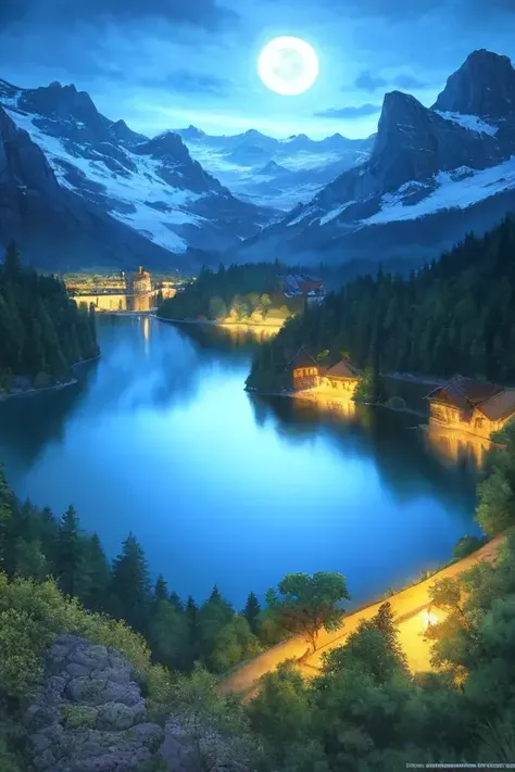 Superb painting of a lake in the mountains at night, moonlight, masterpiece
