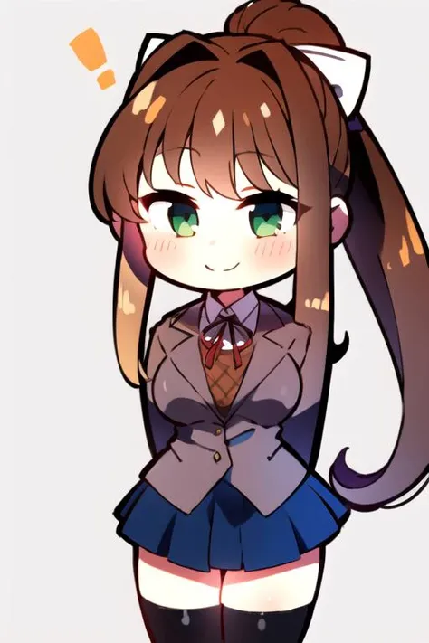 <lora:yuzusoft-chibiV2:0.5>, <lora:MonikaV1:0.9>, Monika, bangs, very long hair, smile, long hair, neck ribbon, looking at viewer, ponytail, shirt, school uniform, hair bow, white bow, pleated skirt, brown hair, grey jacket, sidelocks, solo, blush, blue skirt, skirt, 1girl, medium breasts, blazer, green eyes, hands behind back, arms behind back,
simple background,
best quality, masterpiece, chibi