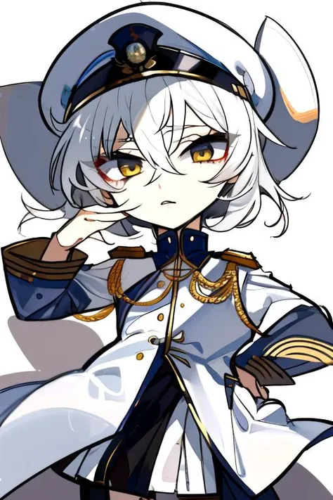 solo, 1boy, straight hair, hair between eyes, disdain, white hair, short shaggy hair, white clothes, (white military uniform:1.2), yellow eyes, (white military hat:1.1), science fiction, tsurime, <lora:Tsurime3:0.85> , au \(d elete\, <lora:au_d_elete_offset:1>, chibi,
<lora:yuzusoft-chibiV2:0.85>