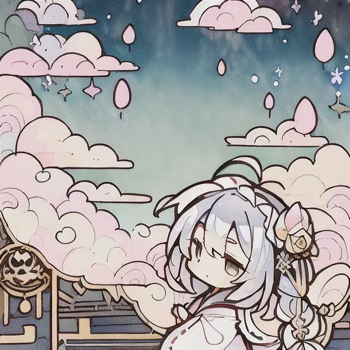 <lora:yuzusoftChibiArtStyleLora_v10:1> (illustration:1.8),(best quality),(masterpiece:1.5),masterpiece,png,(extremely detailed CG unity 8k wallpaper), (colorful),warm,Chinese style,(ink splashing),(color splashing),((watercolor)),depth of field,dramatic angle,(Silver detailed cyan_ribbon and white flowers in the girl's long black_hair:1.25),((gold_black Taoist robes:1.35)),(braid),
(Ancient palace background far away:1.55),A slight light, (pink flower:1.2),chiaroscuro, ((lotus) in beautiful detailed flowing_clouds_sea:1.3), Rayleigh scattering,(feather headdress:1.15)