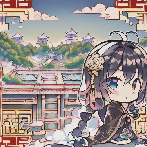 <lora:yuzusoftChibiArtStyleLora_v10:1> chibi, (illustration:1.8),(best quality),(masterpiece:1.5),masterpiece,png,(extremely detailed CG unity 8k wallpaper), (colorful),warm,Chinese style,(ink splashing),(color splashing),((watercolor)),(1 Chinese girl:1.8),solo, depth of field,dramatic angle,(Silver detailed cyan_ribbon and white flowers in the girl's long black_hair:1.25), (detailed black_hair:1.35), ,((gold_black Taoist robes:1.35)),(braid), (detailed beautiful face:1.3),detailed symmetrical_Blue_eyes,,
(Ancient palace background far away:1.55),A slight light, (pink flower:1.2),chiaroscuro, ((lotus) in beautiful detailed flowing_clouds_sea:1.3), Rayleigh scattering,(feather headdress:1.15)