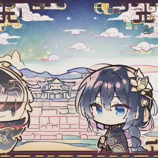 <lora:yuzusoftChibiArtStyleLora_v10:1> chibi, (illustration:1.8),(best quality),(masterpiece:1.5),masterpiece,png,(extremely detailed CG unity 8k wallpaper), (colorful),warm,Chinese style,(ink splashing),(color splashing),((watercolor)),(1 Chinese girl:1.8),solo, depth of field,dramatic angle,(Silver detailed cyan_ribbon and white flowers in the girl's long black_hair:1.25), (detailed black_hair:1.35), ,((gold_black Taoist robes:1.35)),(braid), (detailed beautiful face:1.3),detailed symmetrical_Blue_eyes,,
(Ancient palace background far away:1.55),A slight light, (pink flower:1.2),chiaroscuro, ((lotus) in beautiful detailed flowing_clouds_sea:1.3), Rayleigh scattering,(feather headdress:1.15)