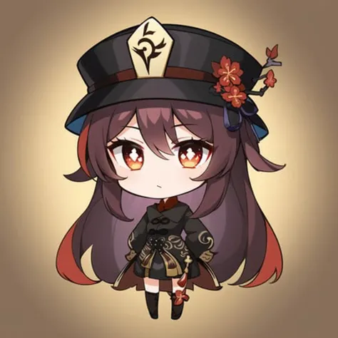 2d, masterpiece, best quality, anime, highly detailed eyes, highly detailed face, highly detailed background, perfect lighting, full body, 1girl, solo, standing, chibi, hu tao \(genshin impact\), symbol-shaped pupils, flower-shaped pupils, hat, red flower, red eyes <lora:hu tao:0.7> <lora:chibi:0.4>