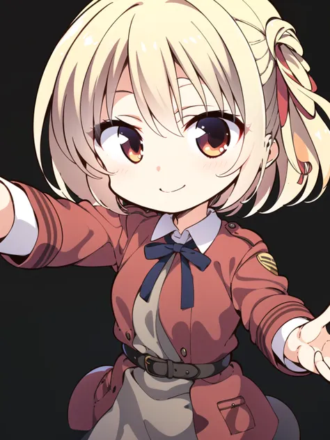 masterpiece, best quality, 1girl, solo, cowboy shot, red_jacket, ribbon, red_eyes,blond hair,short hair,hair_ribbon,smile, <lora:lycorisRecoil_chisatoV10:0.6>, lycoris flower, black background, reaching towards viewer, selfie,, <lora:yuzusoft-chibiV2:1>, chibi