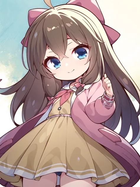 masterpiece, best quality, masterpiece, best quality, 2girls, <lora:jiaran:0.8>, jiaran, (official dress:1.5), brown hair,pink jacket, hair bow, neckerchief, contrapposto, looking at viewer, light smile, cowboy shot, reaching towards viewer, <lora:yuzusoft-chibiV2:1>, chibi