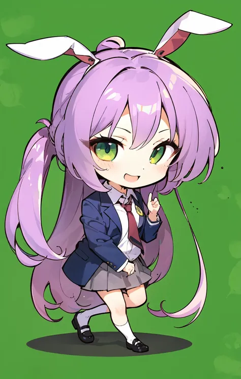 masterpiece, best quality,full body,chibi,1girl,solo,(reisen udongein inaba:1.2), miniskirt,necktie,dynamic pose, light smile,(simple background:1.5),(green background:1.31),