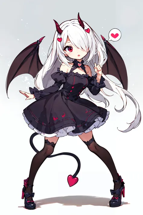 masterpiece, best quality, ultra-detailed, absurdres, colorful, 1girl, solo, red eyes, white hair, long hair, hair over one eye, detailed eyes, wide-eyed, eyelashes, looking at viewer, full body, demon horns <lora:yuzusoft-chibiV2:0.7> chibi, bat wings, gradient background, dress, hand up, demon tail, particles, kawaii, spoken heart, (red theme:0.7), hair clips