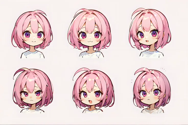 masterpiece, best quality, ultra-detailed, absurdres, 1girl, pink eyes, pink hair, short hair, detailed eyes, wide-eyed, eyelashes, looking at viewer, facing viewer, upper body, white background, reference sheet, expressions, simple background, (ahoge:0.8), <lora:yuzusoft-chibiV2:0.5>, chibi, (:3, :D:0.6), happy, variations, blush, (closed mouth:0.5), white t-shirt, sad