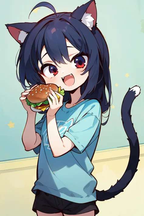 masterpiece, best quality, absurdres, 1girl, red eyes, black hair, long hair, wide-eyed, eyelashes, facing viewer, cowboy shot, happy, (:D:1.0), blue t-shirt, room, <lora:yuzusoft-chibiV2:1.0> chibi, ahoge, open mouth, cat ears, blue theme, fangs, cat tail, holding food, black shorts, hands up, hamburger, stars, looking at object