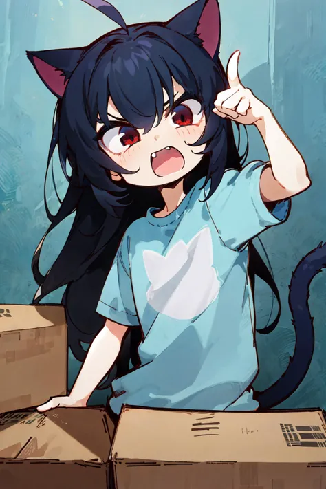 masterpiece, best quality, ultra-detailed, absurdres, 1girl, red eyes, black hair, long hair, wide-eyed, eyelashes, looking at viewer, facing viewer, sitting on cardboard, cowboy shot, angry, black t-shirt, room, <lora:yuzusoft-chibiV2:1.0> chibi, arm up, ahoge, finger, open mouth, cat ears, blue theme, fangs, cat tail
