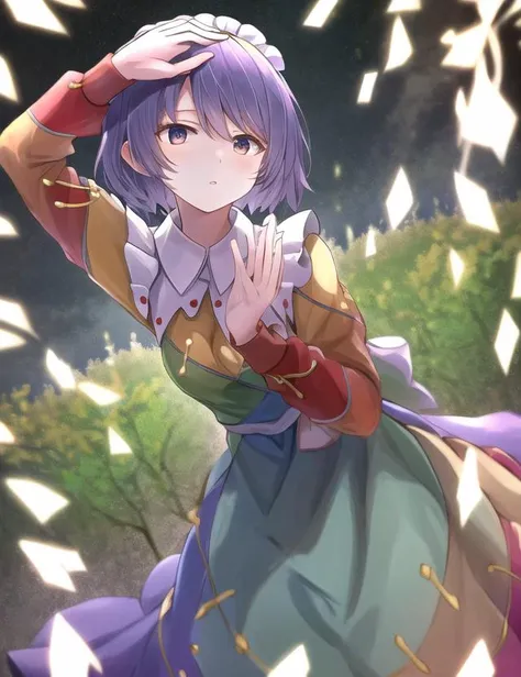 masterpiece, best quality, Tenkyuu Chimata, multicolored clothes, <lora:Chimata_V1-01:0.8>, maid outfit, forest, hands above head, looking above