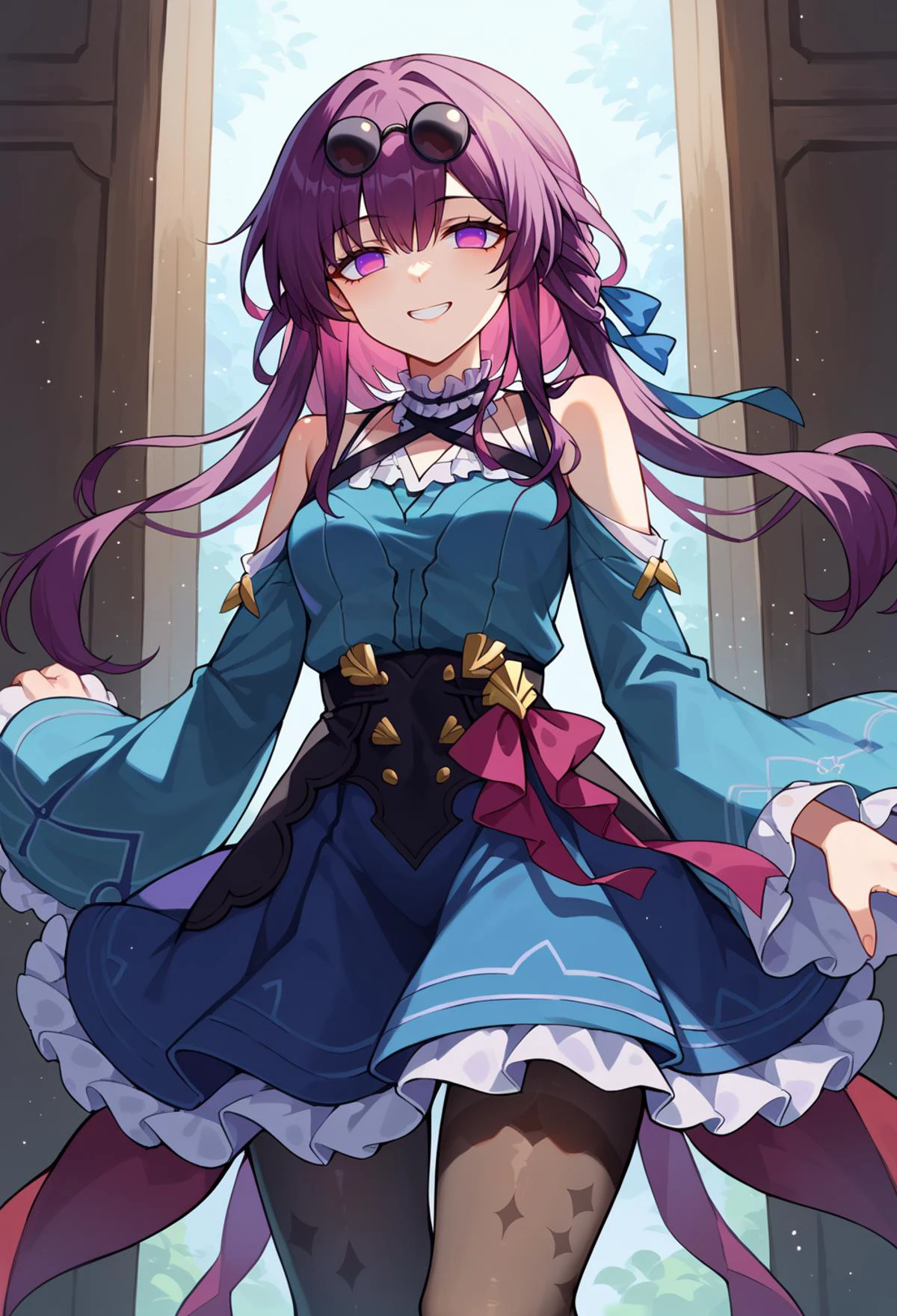 score_9, score_7_up, source_anime, solo, come hither, smile, cowboy shot, BREAK <lora:hsr_kafka_ponyXL_1:1> kafkadef, sunglasses, pince-nez, eyewear on head, purple eyes, no pupils,, hair ribbon, frilled choker, criss-cross halter, sleeveless dress, high-waist skirt, backless dress, blue dress, waist blue bow, detached sleeves, frilled sleeves, wide sleeves, blue sleeves, black pantyhose, patterned legwear, pinstripe pantyhose, mary janes, layered dress,