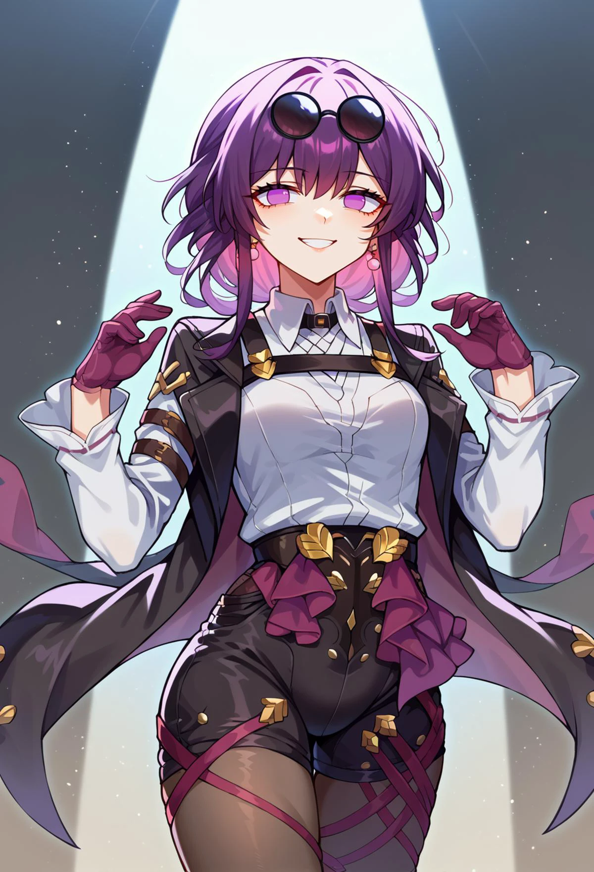 score_9, score_7_up, source_anime, solo, come hither, smile, cowboy shot, BREAK <lora:hsr_kafka_ponyXL_1:1> kafkadef, sunglasses, pince-nez, eyewear on head, purple eyes, no pupils, black jacket, white shirt, collared shirt, long sleeves, chest harness, purple gloves, black shorts, high-waist shorts, pantyhose under shorts, earrings