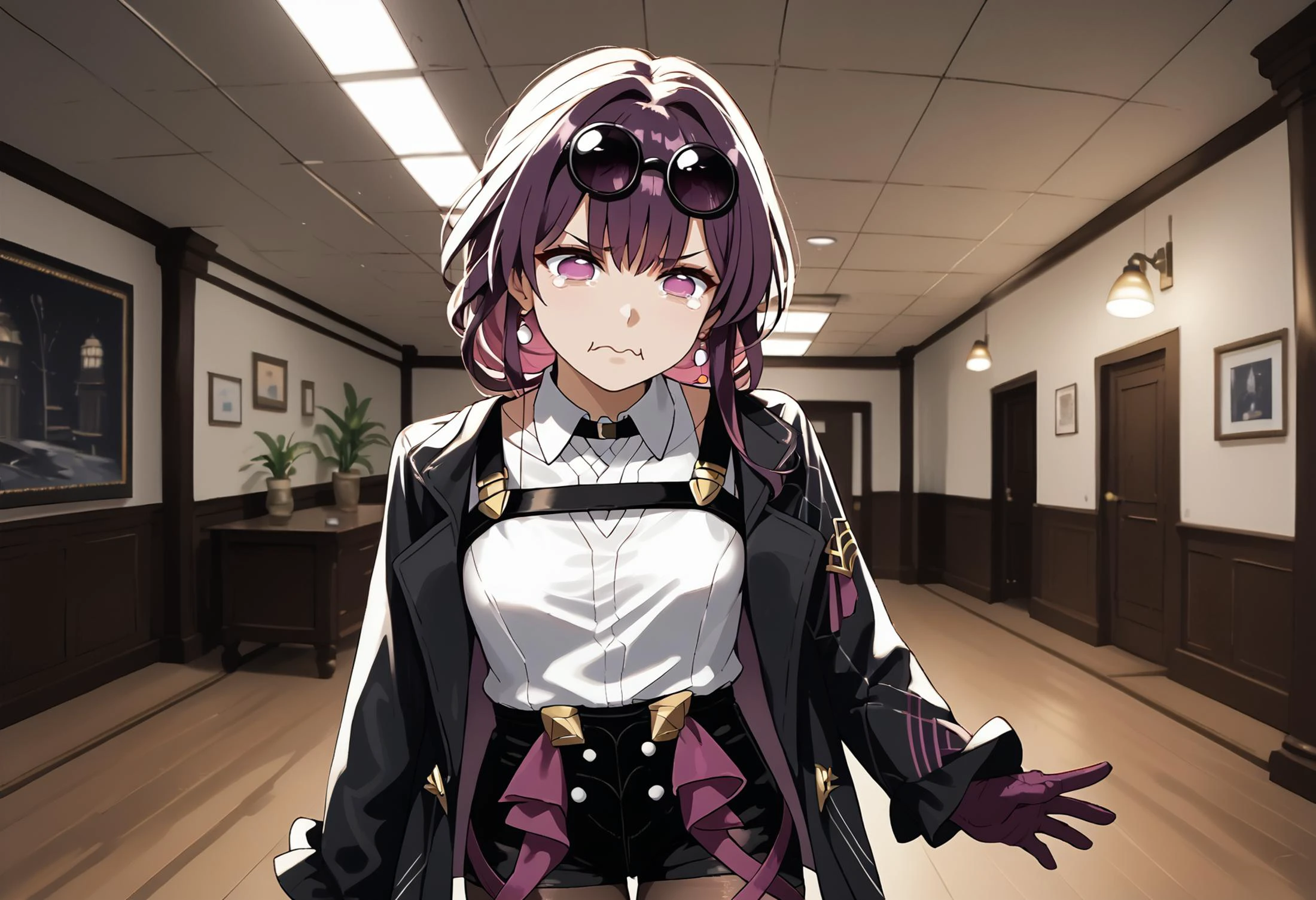 score_9, score_8_up, score_7_up BREAK 1girl, solo, <lora:hsr_kafka_ponyXL_1:1> kafkadef, sunglasses, pince-nez, eyewear on head, purple eyes, no pupils, black jacket, white shirt, collared shirt, long sleeves, chest harness, purple gloves, black shorts, high-waist shorts, pantyhose under shorts, earrings, backrooms, indoors, ceiling light , aquacrying, wavy mouth, closed mouth, tearing up <lora:background_liminalspaces_ponyXL:1> <lora:concept_aquacrying_ponyXL:1>