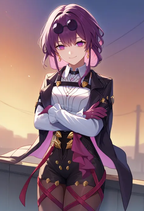 score_9, score_8_up, score_7_up, source_anime, solo, 1girl, kafkadef, smile, looking at viewer, crossed arms, sunglasses, pince-nez, eyewear on head, purple eyes, no pupils, black jacket, white shirt, collared shirt, long sleeves, chest harness, purple gloves, black shorts, high-waist shorts, pantyhose under shorts, earrings, outdoors <lora:hsr_kafka_ponyXL_1:1>