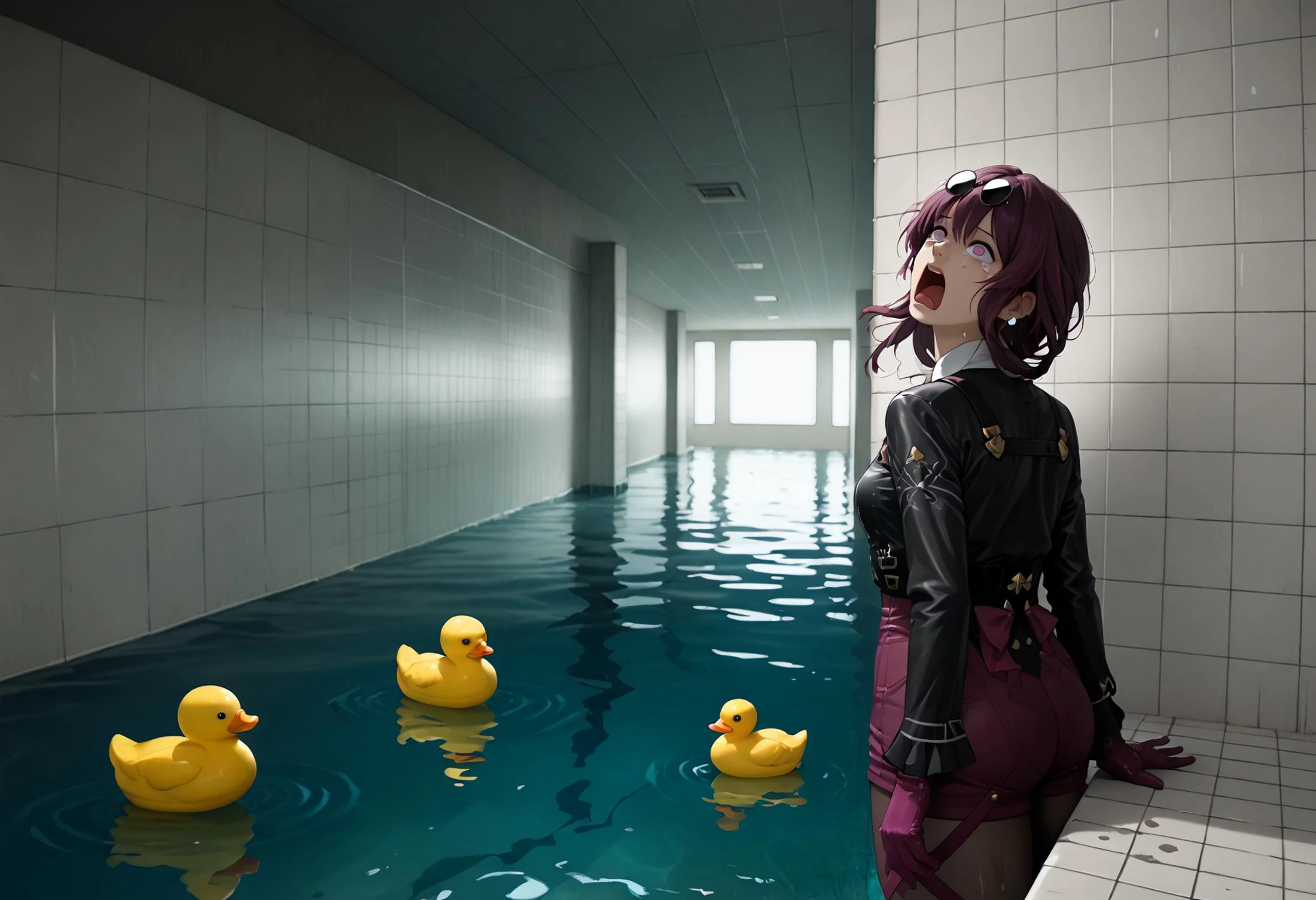 score_9, score_8_up, score_7_up BREAK 1girl, solo, <lora:hsr_kafka_ponyXL_1:1> kafkadef, sunglasses, pince-nez, eyewear on head, purple eyes, no pupils, black jacket, white shirt, collared shirt, long sleeves, chest harness, purple gloves, black shorts, high-waist shorts, pantyhose under shorts, earrings, poolrooms, no humans, indoors, scenery, water, tile floor, tile wall, rubber duck, aquascreaming, screaming, open mouth, crying with eyes open, <lora:background_liminalspaces_ponyXL:1> <lora:concept_aquascreaming_ponyXL:1> aquascreaming, screaming, open mouth, crying with eyes open, wet clothes, wet