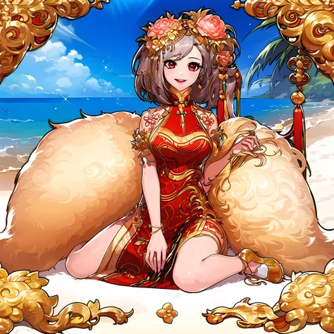 masterpiece, best quality, masterpiece,best quality,official art,extremely detailed CG unity 8k wallpaper, looking at viewer ,full body, wariza,beachsea,sky,1girl,  <lora:qipao_seria:0.8> qipao_seria,grey hair,red dress,chinese clothes,hair ornament,flower,tassel,fur trim, <lora:DNF3:0.8>