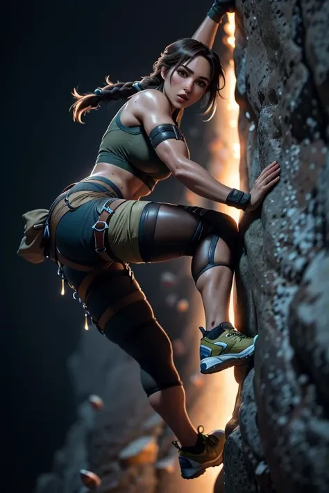 (climbing:1.3), <lora:3DMM_V12:0.5> , lara croft, <lora:strankorbensen:0.5>, award-winning, (8k, RAW photo, best quality, masterpiece:1.2), ultra-detailed, (high detailed skin:1.2), 8k uhd, dslr, soft lighting, high quality,
