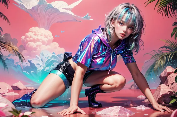 masterpiece, hyperdetailed, 1girl, crawling, from_above, (pink pastel hair:1.2), vogue, (fashion shooting:1.1), (iridescence, translucent, reflection silver:1.2),short black hair, adult, woman, voluptuous, ((hoodie, shorts, boots:1.2)), flat colors, vivid colors, slim body,(best quality:1.3),ultra high res,raw photo,detailed skin,beautiful lighting, slim body, gacha splash, (clean pink background:1.4), Deep view, ((iridescence holographic Clothing:1.3)), ice and crystal, <lora:add_detail:1.2> , <lora:LowRa:0.6> <lora:holov7:0.6>