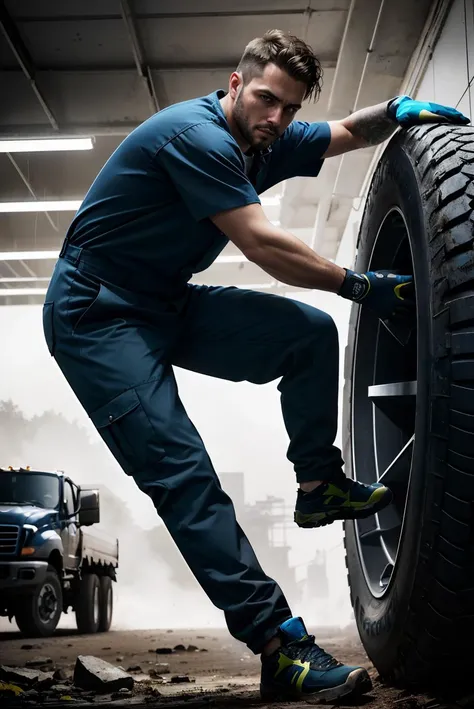 hdr, 8k, cryengine, man, wearing a dirty mechanic jumpsuit, fixing a large truck tire, cyberpunk ambiance, bounce lighting, intense detail,