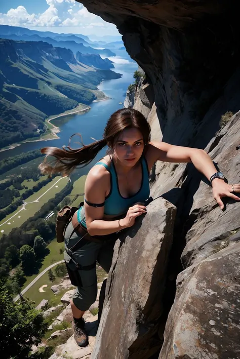 hdr, a candid photo of lara croft, wearing a teal tanktop, brown cargo pants, holsters, looking intense, heavy breathing, blush, sweat, climbing, cliff, extremely high up, ground background, from_above, high angle shot, natural lighting, wonderous ambience, <lora:ROTTR_Lara Croft:.4>